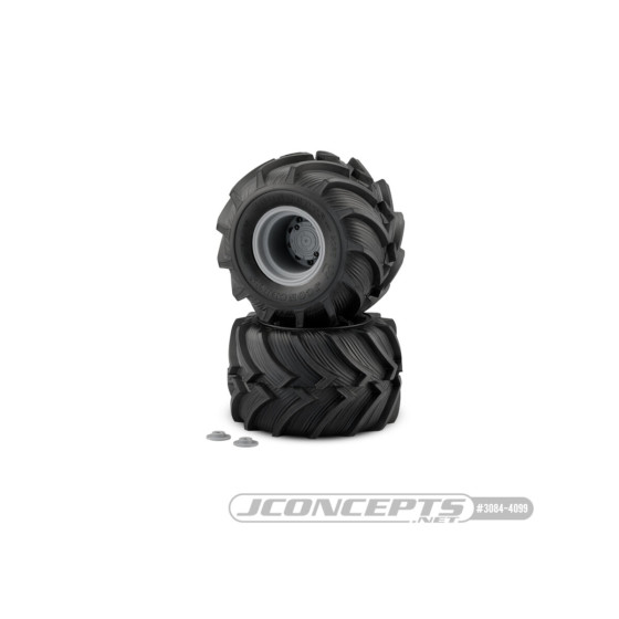 JConcepts Fling Kings - yellow compound, pre-mounted on silver #3414S wheels (Fits - Traxxas Maxx & LMT)