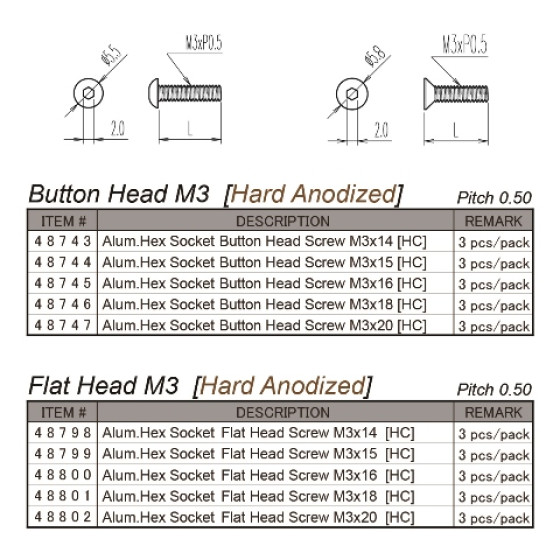 Hiro Seiko  Alloy Hex Socket Button Head Screw M3x14  (3pcs | HC)