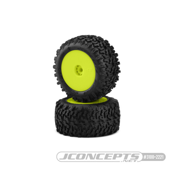 JConcepts Scorpios - green compound - pre-mounted, yellow wheels (2pcs)(Fits - Losi Mini-T 2.0 | Mini-B rear)