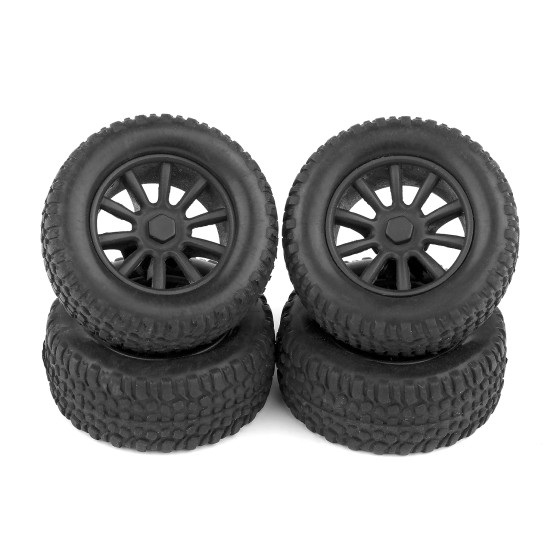 Team Associated SC28 Front and Rear Wheels and Tires, mounted